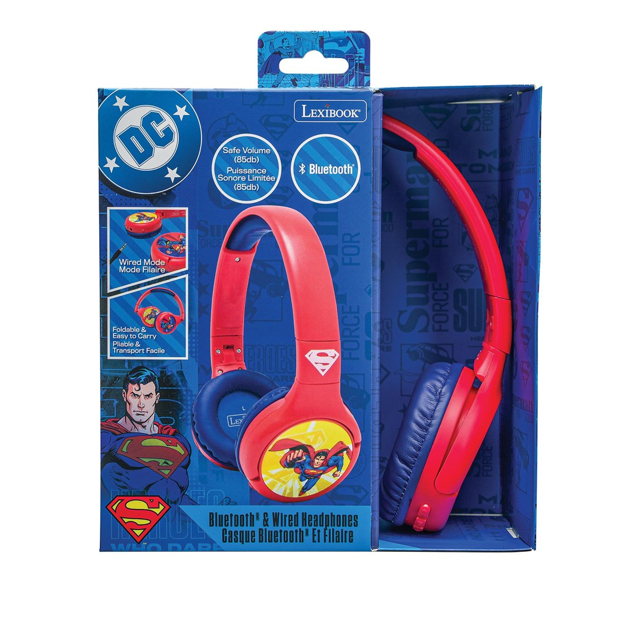 Casque 2 en 1 Superman Bluetooth et Filaire avec limitation de son rouge, LEXIBOOK