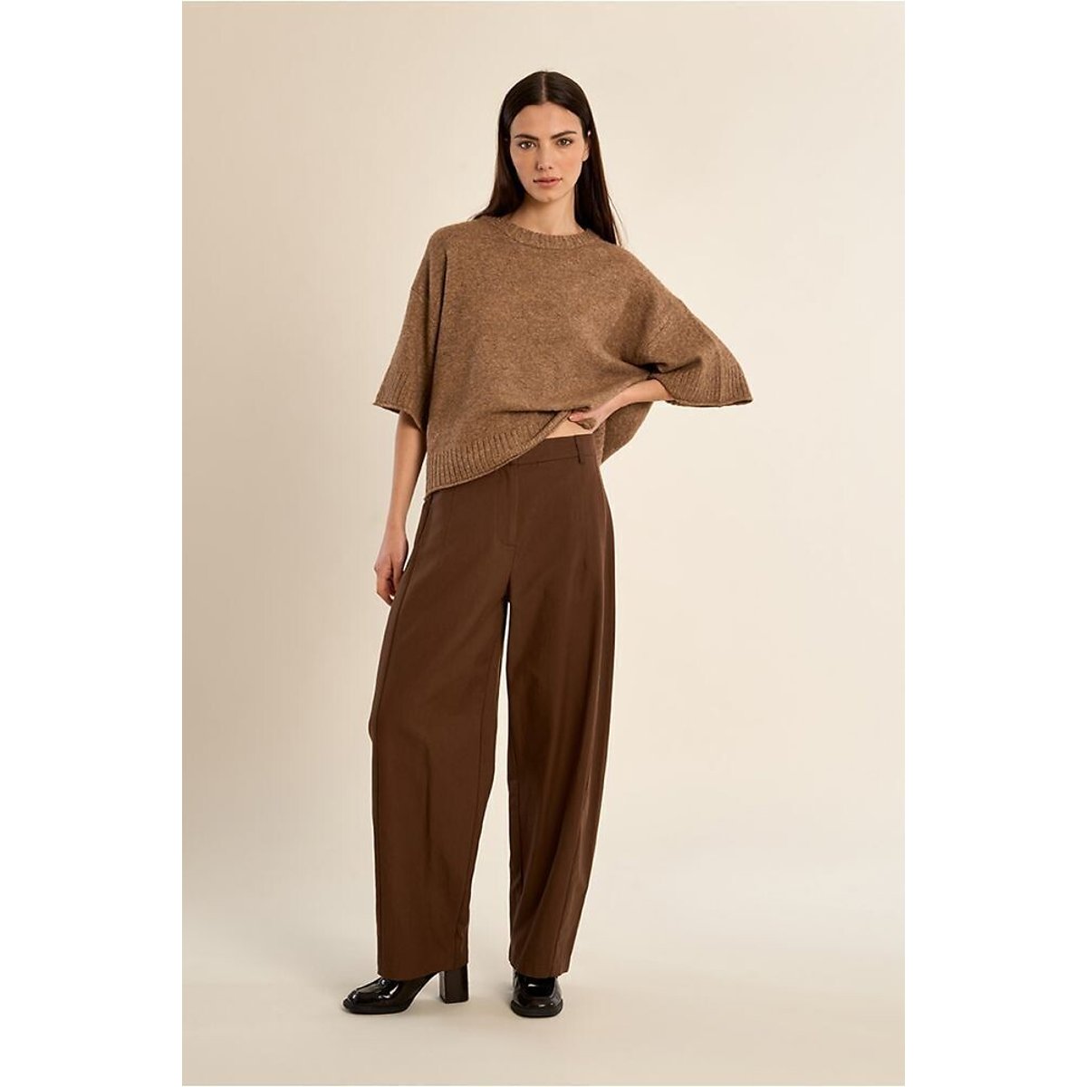 Camisola de gola redonda, mangas 3/4 camel, MOLLY BRACKEN