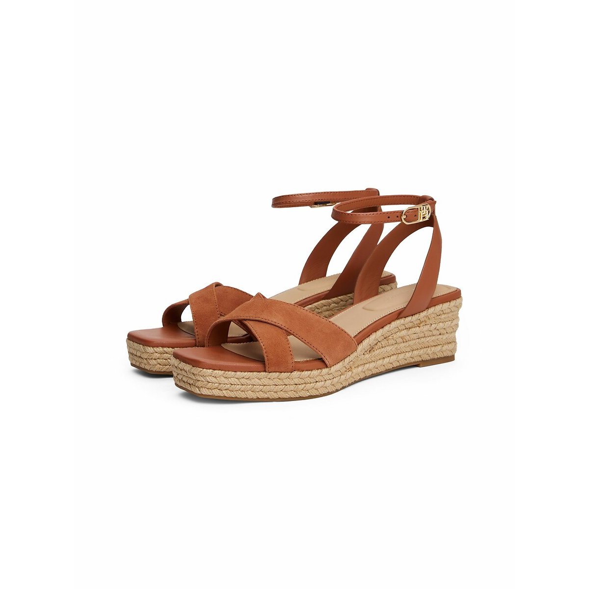 Sandali con zeppa in pelle cognac, TOMMY HILFIGER