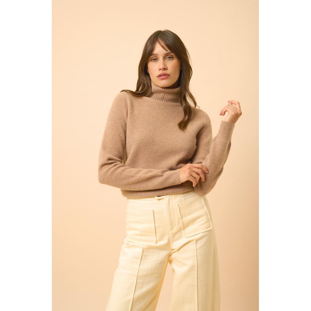 Pull Col Roulé Camel Chiné Billy camel chiné, JUST CASHMERE