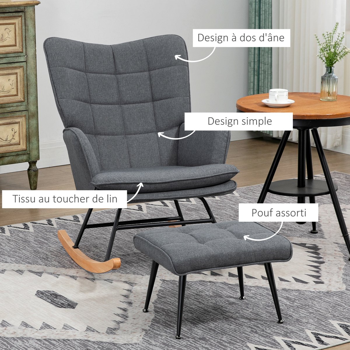 Ensemble de fauteuils à bascule Tissu aspect gris, bois naturel et noir, HOMCOM