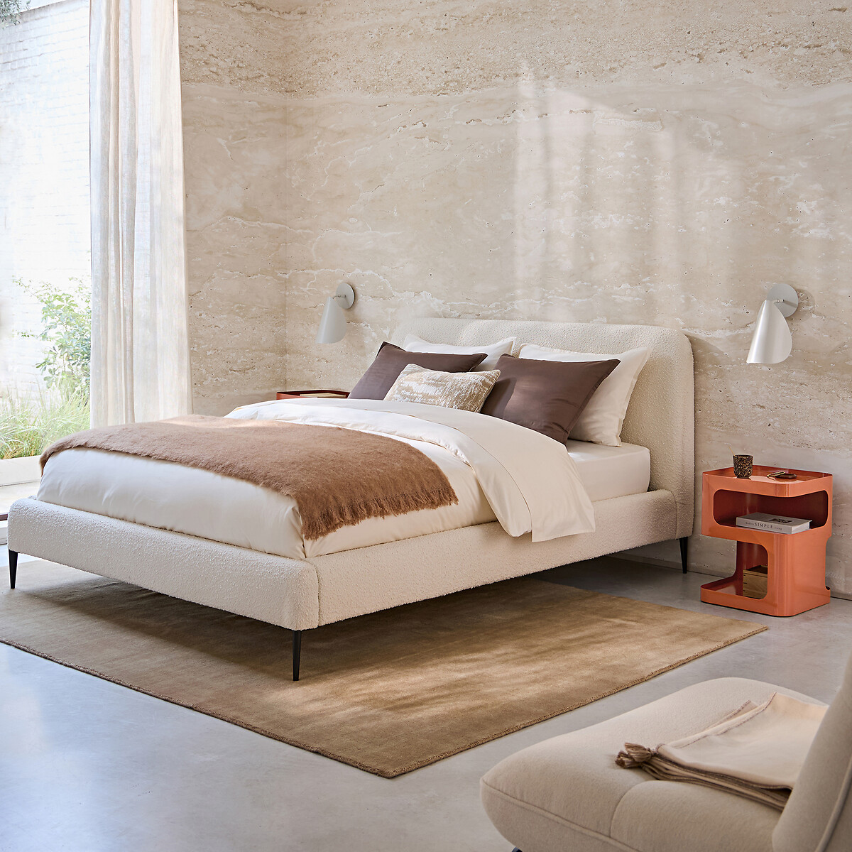 Tweepersoonsbed met gemonteerde lattenbodem, van badstof, OSCAR ecru, AM.PM X EMMANUEL GALLINA