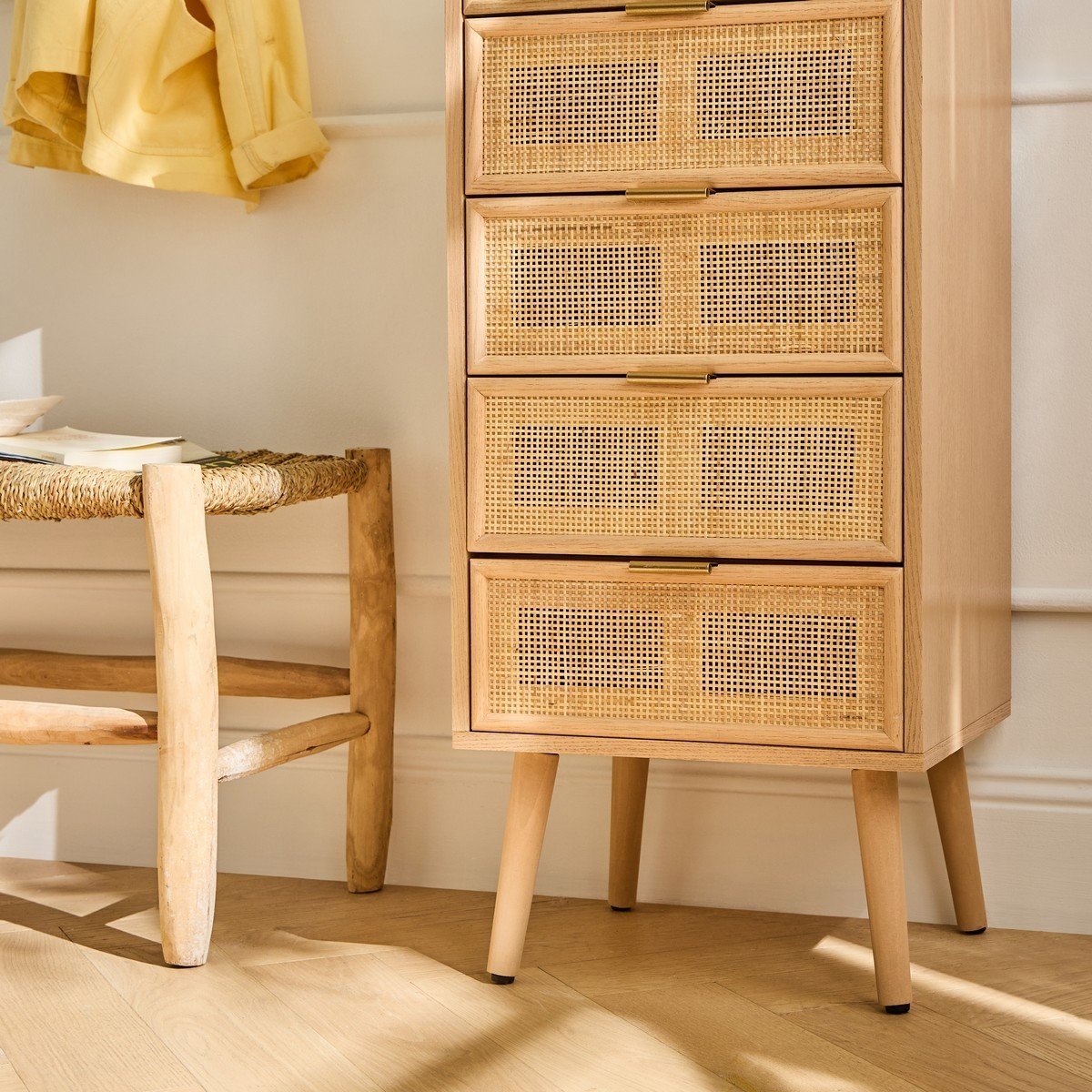 Chiffonnier 5 tiroirs façades en rotin naturel - L36.5 x H100.5 cm - MIYA bois clair, CALICOSY