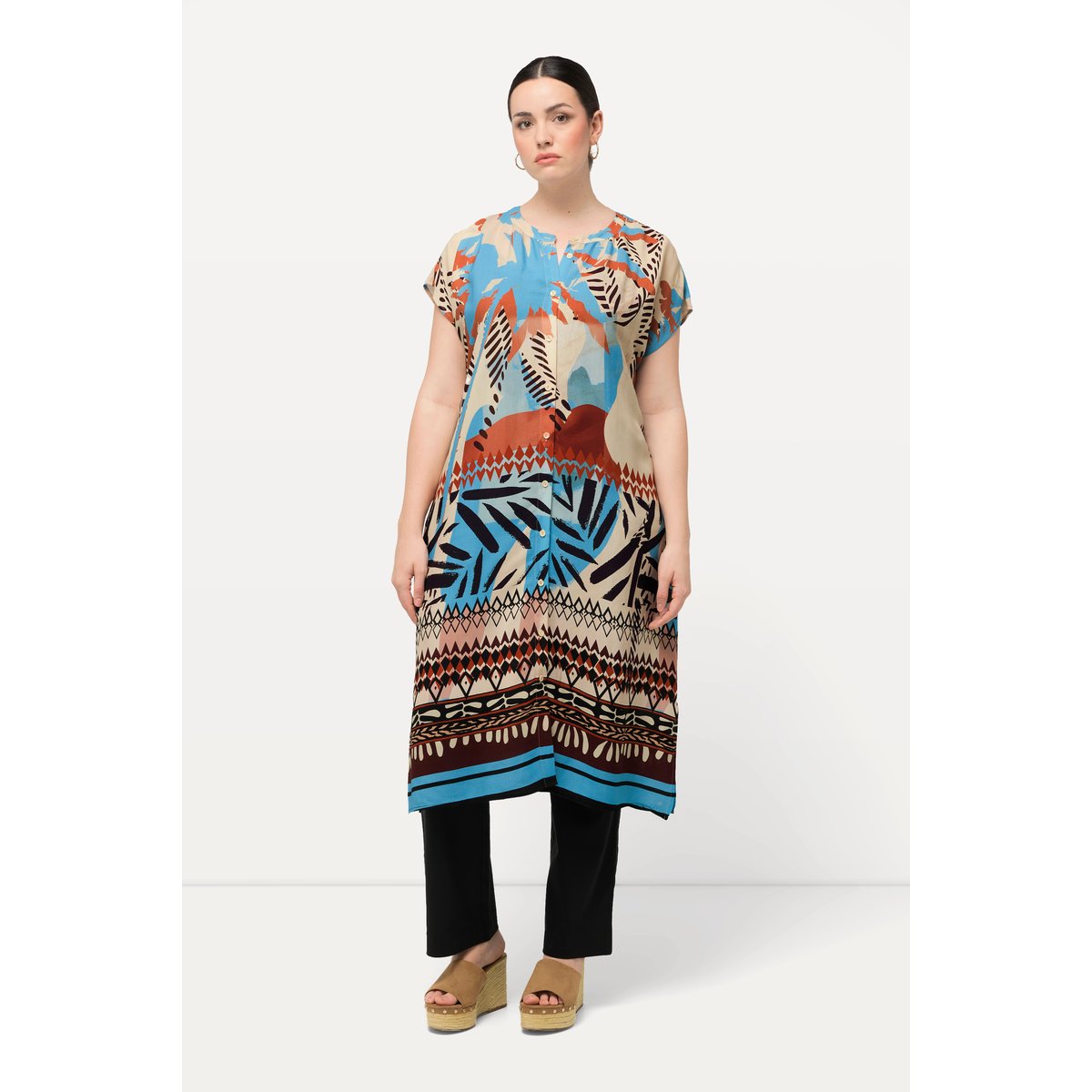 Blouse longue oversized à motif palmiers beige clair, ULLA POPKEN