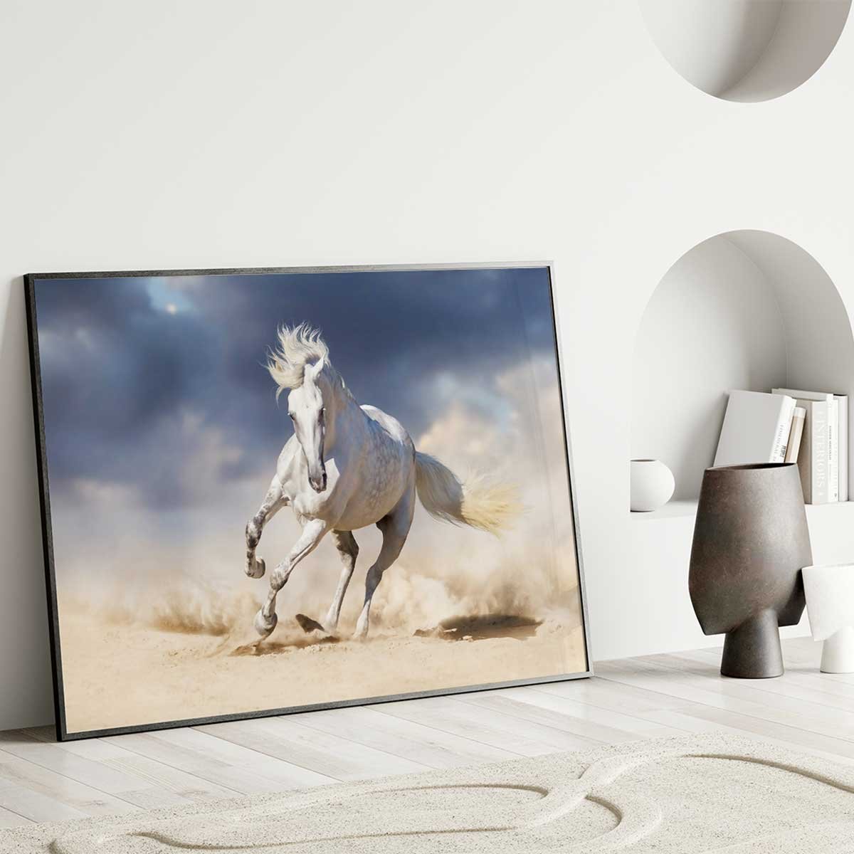 Affiche encadrée cheval blanc au galop affiche + cadre en métal - noir, HEXOA