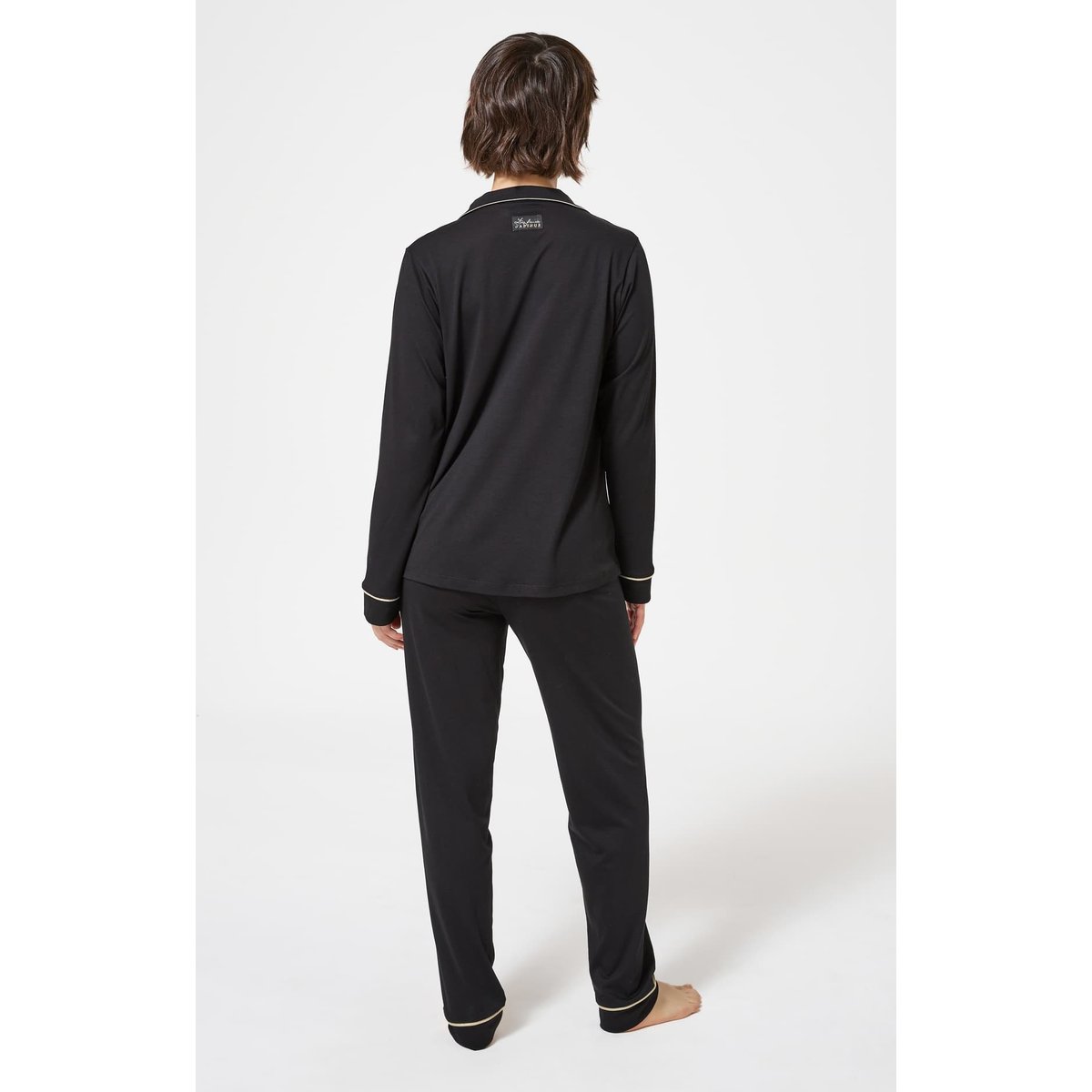 Pyjama boutonné en lyocell et coton, uni noir, ARTHUR