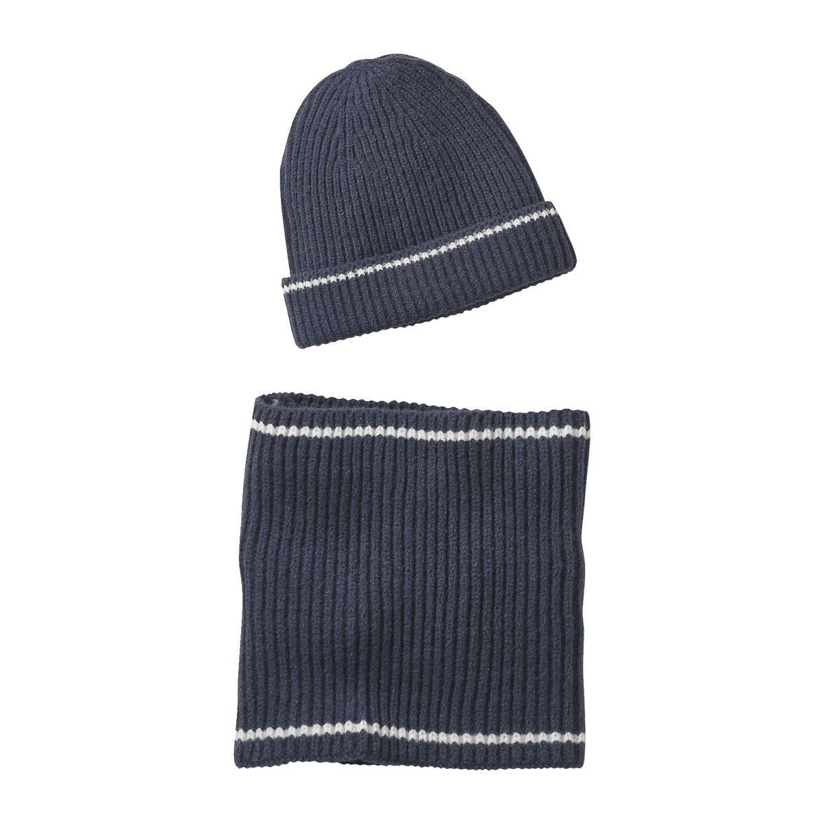 Lot bonnet et snood en maille côtelée marine, VERTBAUDET