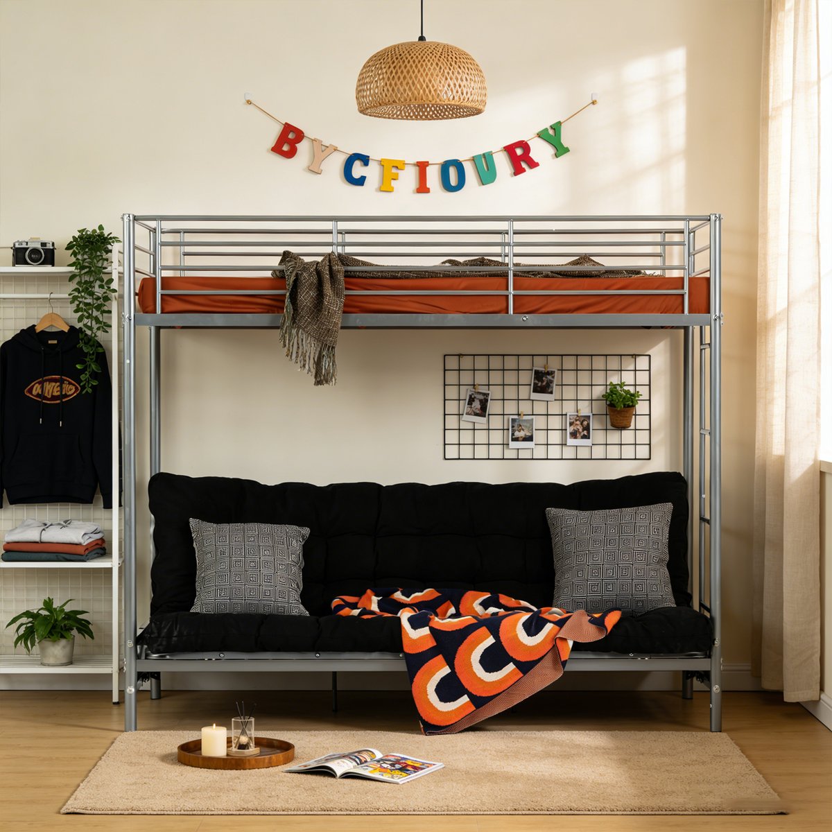 Lit superposé avec banquette en métal, LIBERTY gris, MEUBLES COSY