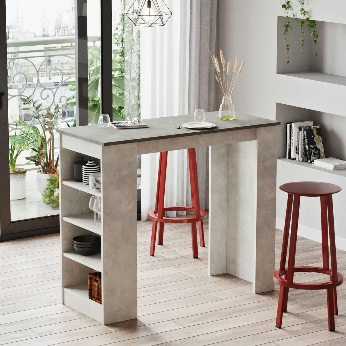 Table haute de cuisine avec étagères MARFA gris, PIER IMPORT