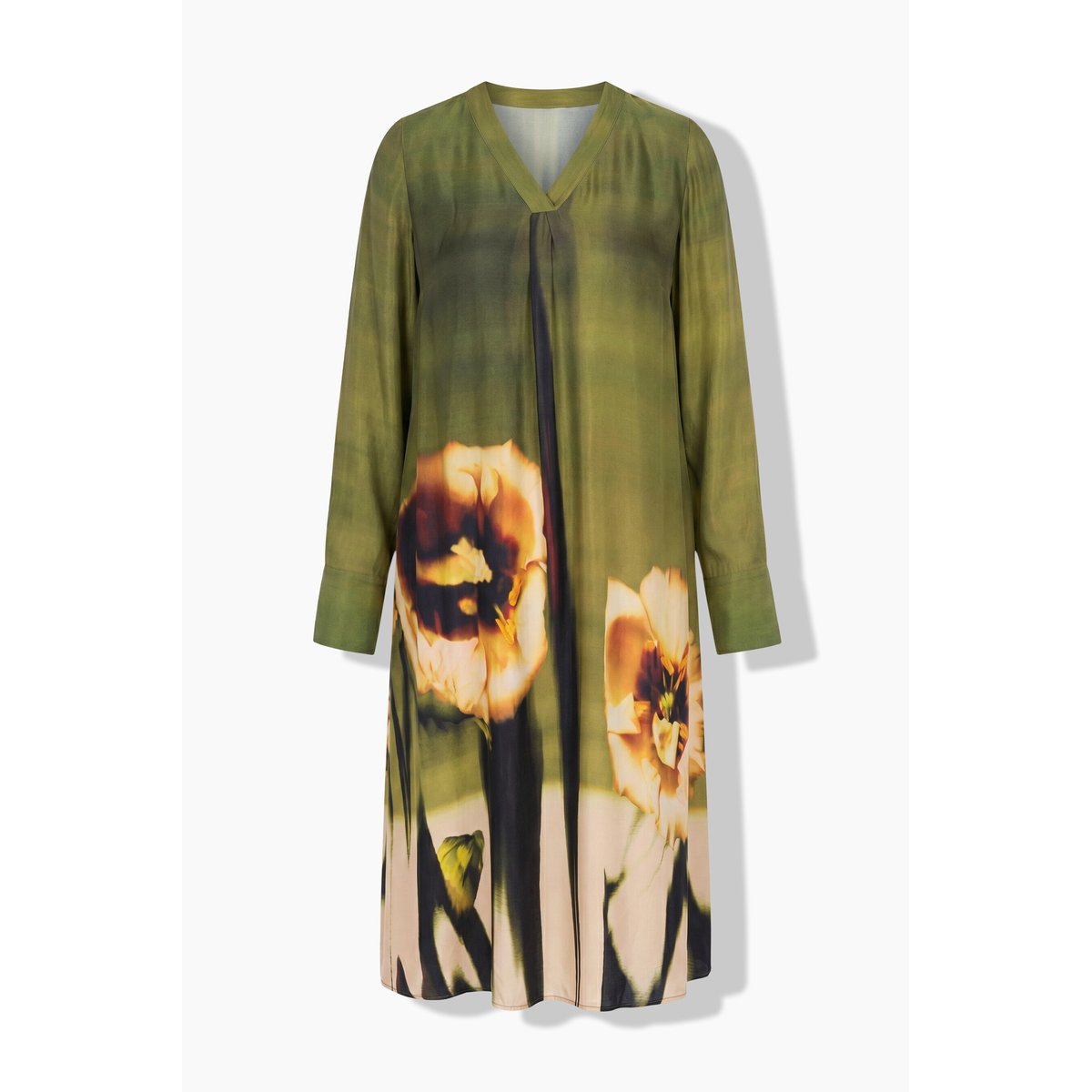 Robe midi à fleurs, coupe évasée kaki foncé, ULLA POPKEN