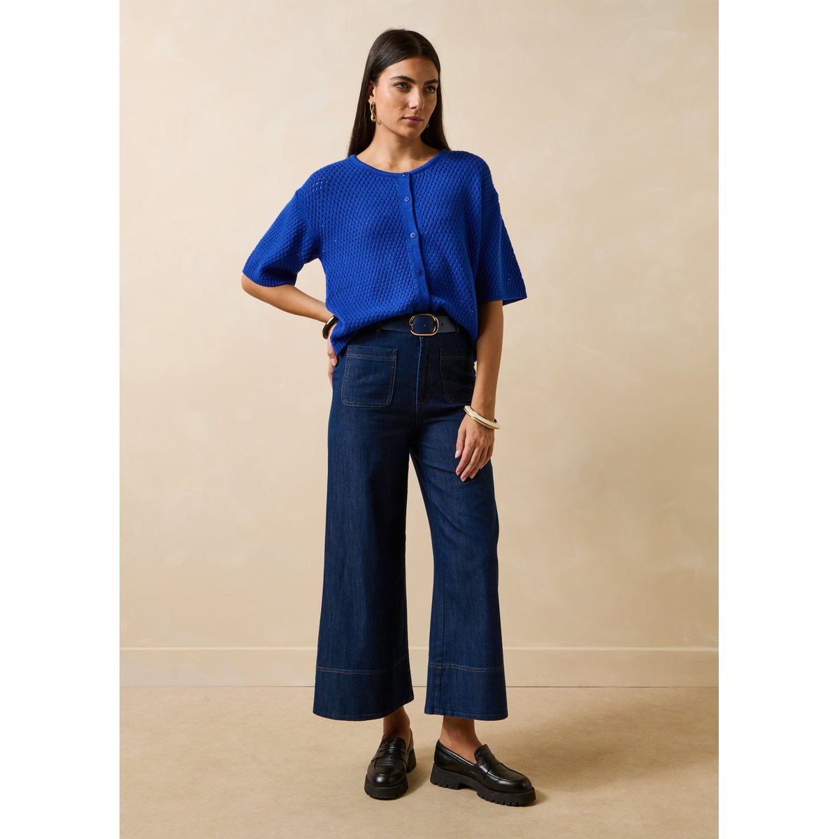 Gilet en maille manches courtes col rond bleu roi, LA FEE MARABOUTEE