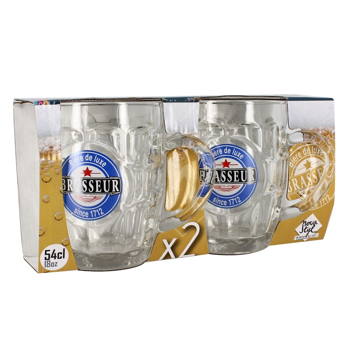 Lot de 2 chopes à bière en verre 54cl, BRASSEUR transparent, NOVASTYL