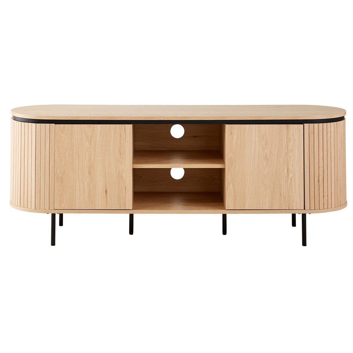 Meuble TV 2 portes avec côtés effet rainuré L150 cm - MALAGA bois clair, CALICOSY