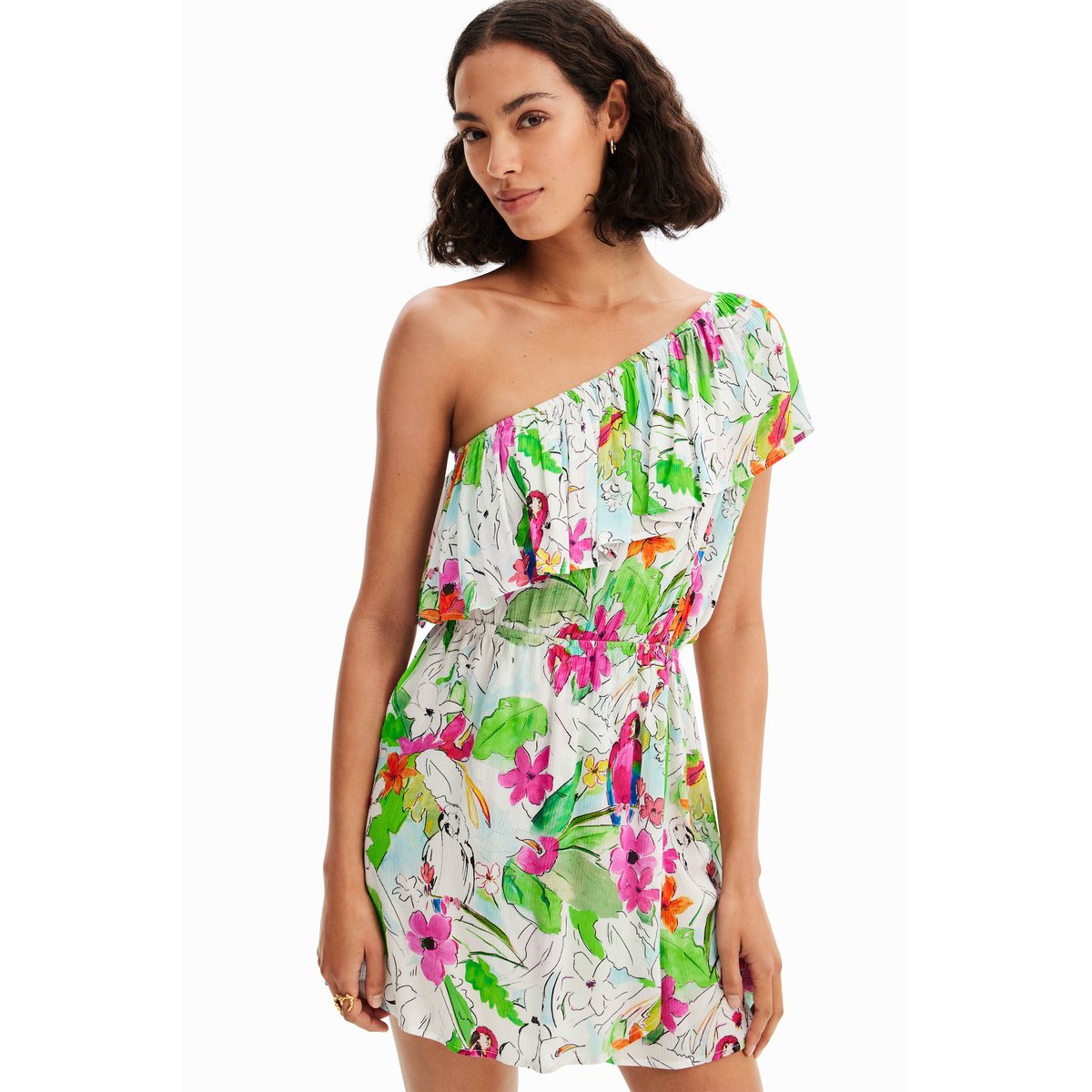 Robe courte asymétrique tropicale blanc, DESIGUAL