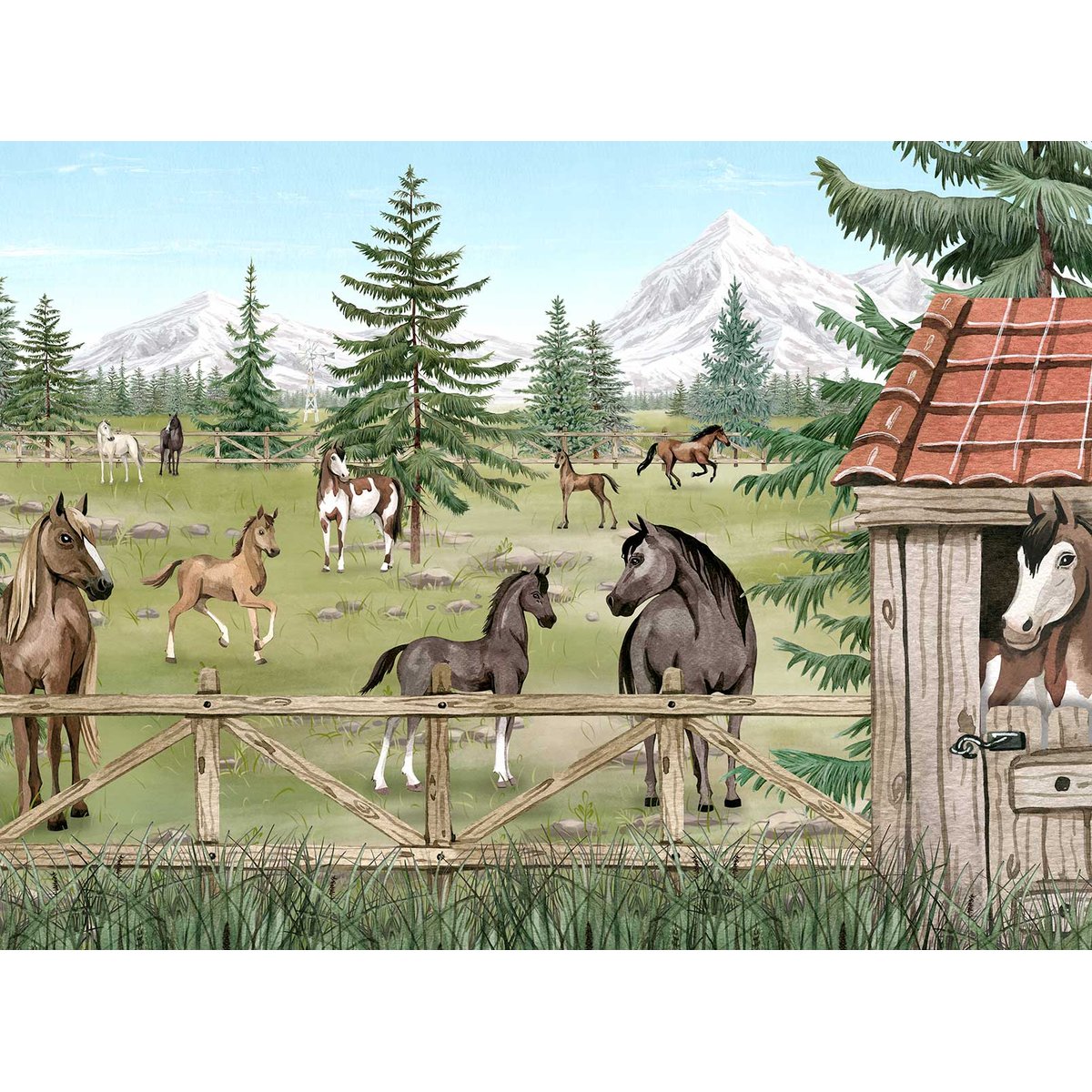 Papier peint chevaux et western chambre garçon vert, HEXOA