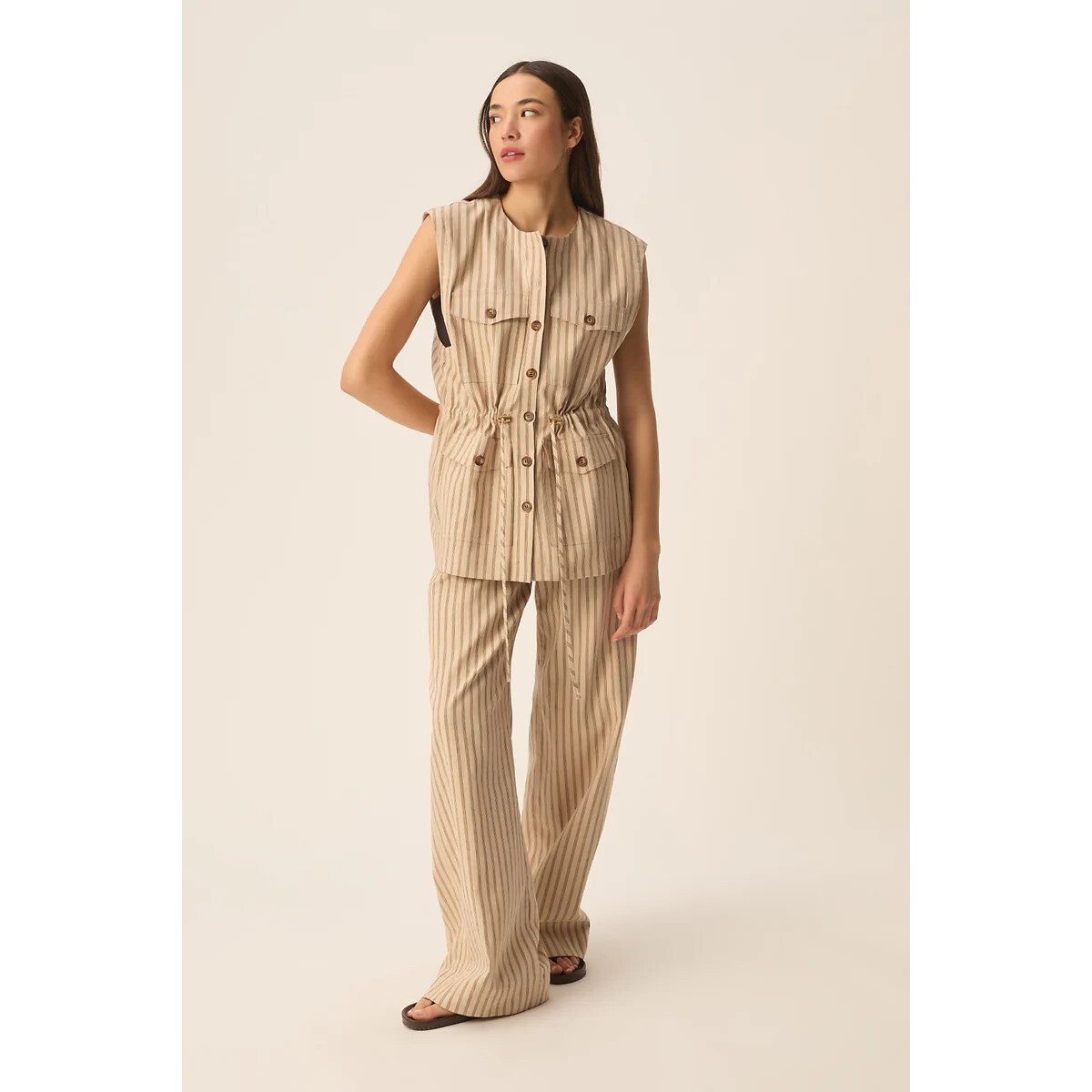 Valentina Striped Sleeveless Jacket beige, DES PETITS HAUTS