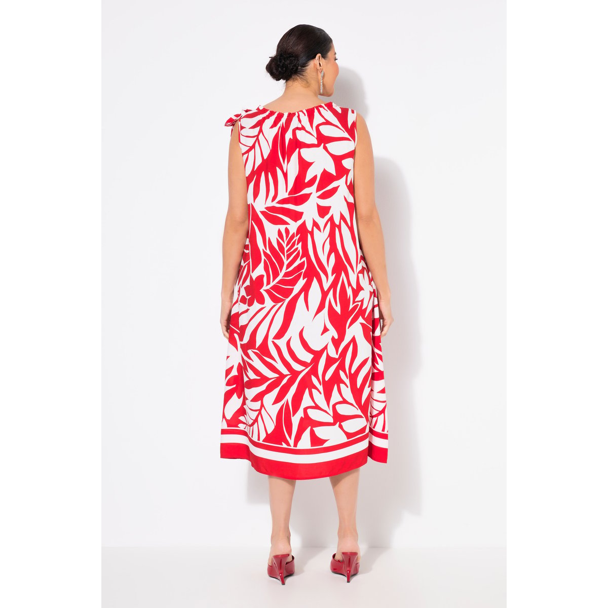 Robe midi sans manches. Motif feuilles. rouge néon, ULLA POPKEN