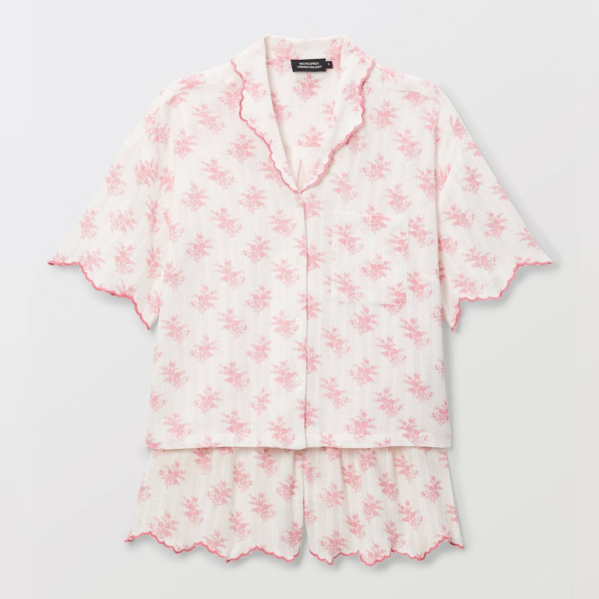 Pyjama imprimé à festons contrastés en coton ecru, MONOPRIX