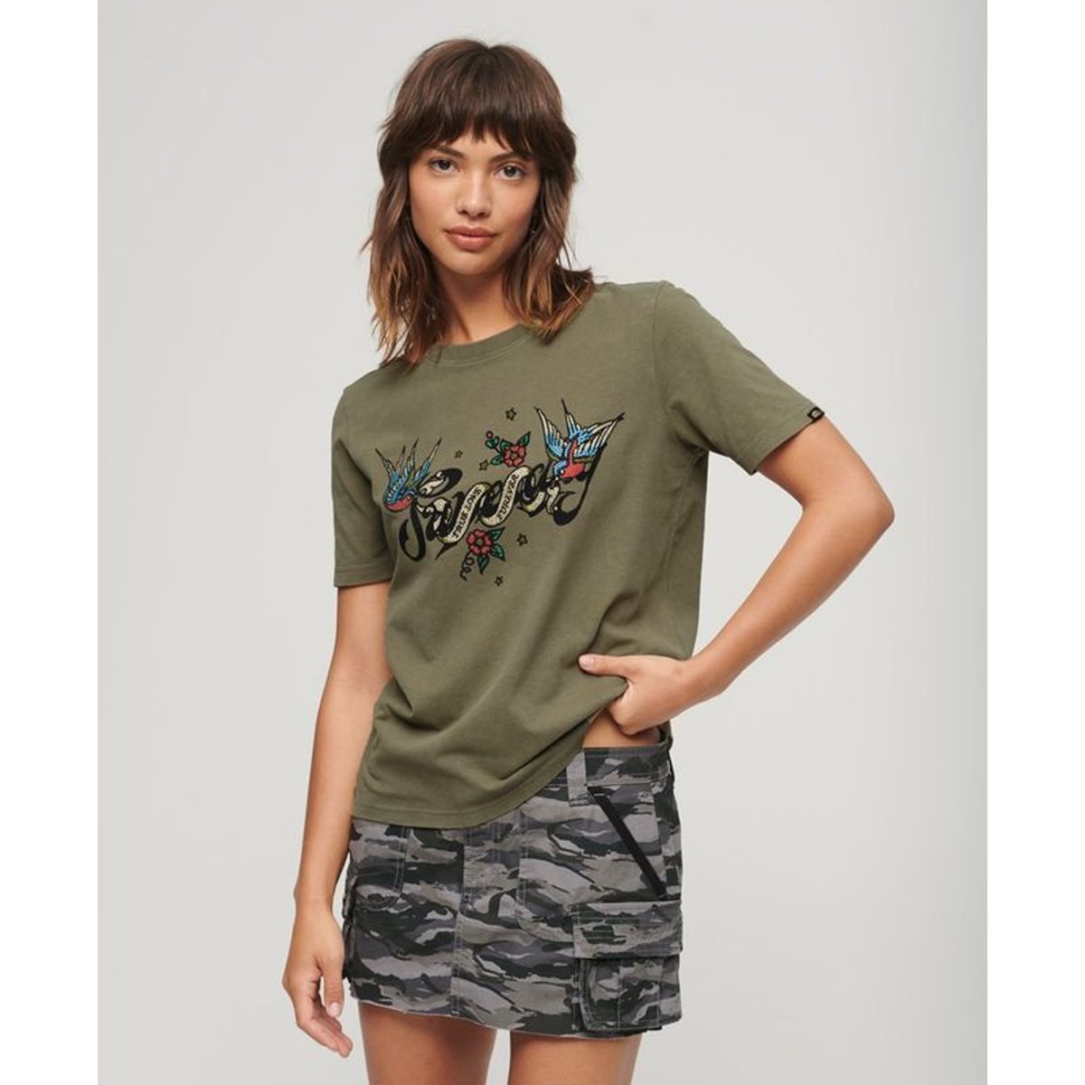 T-shirt à motif tatouage Script kaki mousse, SUPERDRY