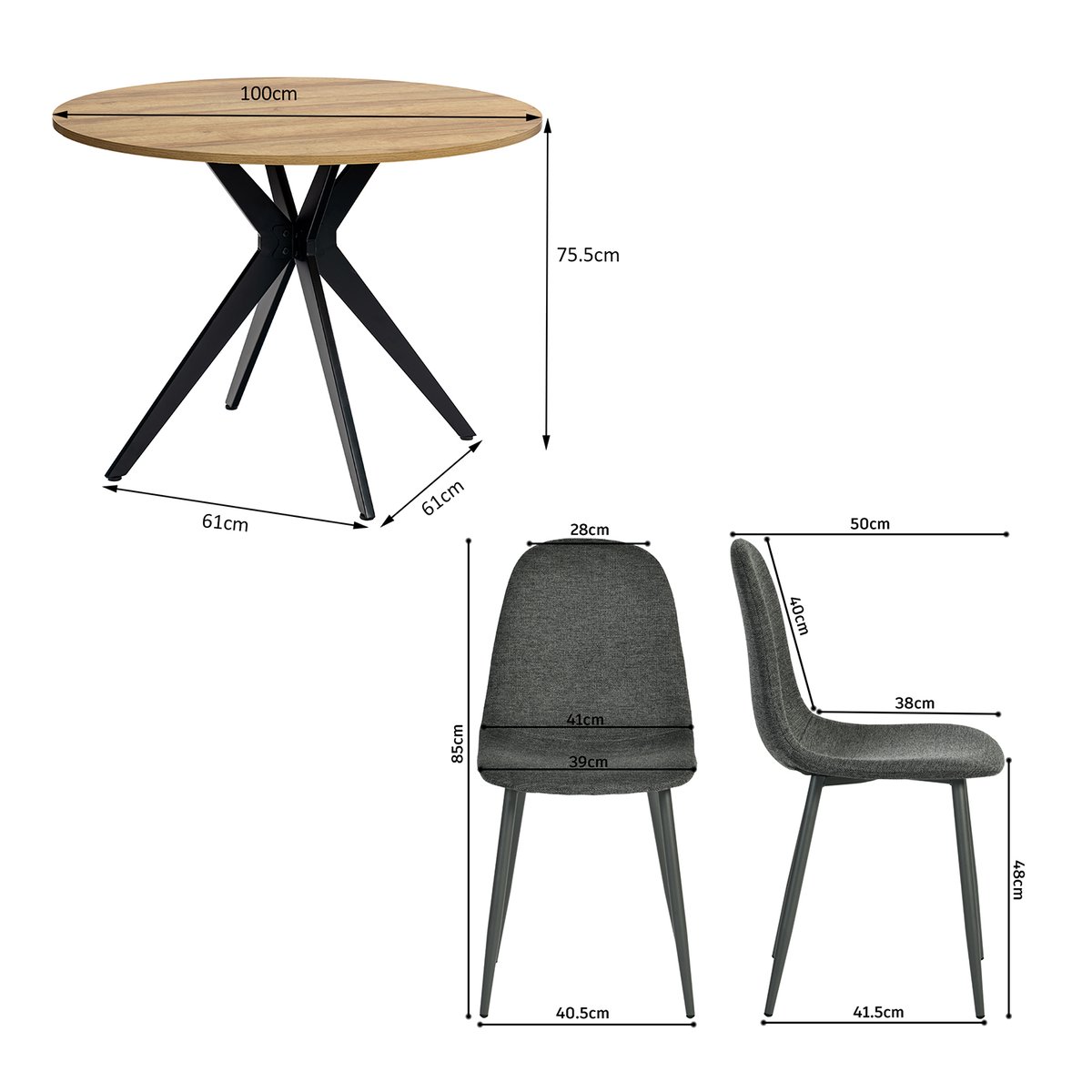 Ensemble de table à manger ronde avec 4 chaises, CLIFTXCHARLTON gris foncé, MEUBLES COSY