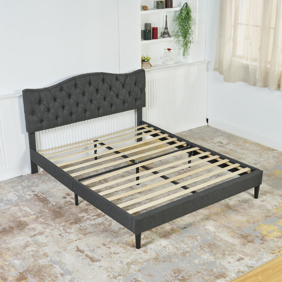 Lit double capitonné sans matelas sans rangement, LEON gris, MEUBLES COSY