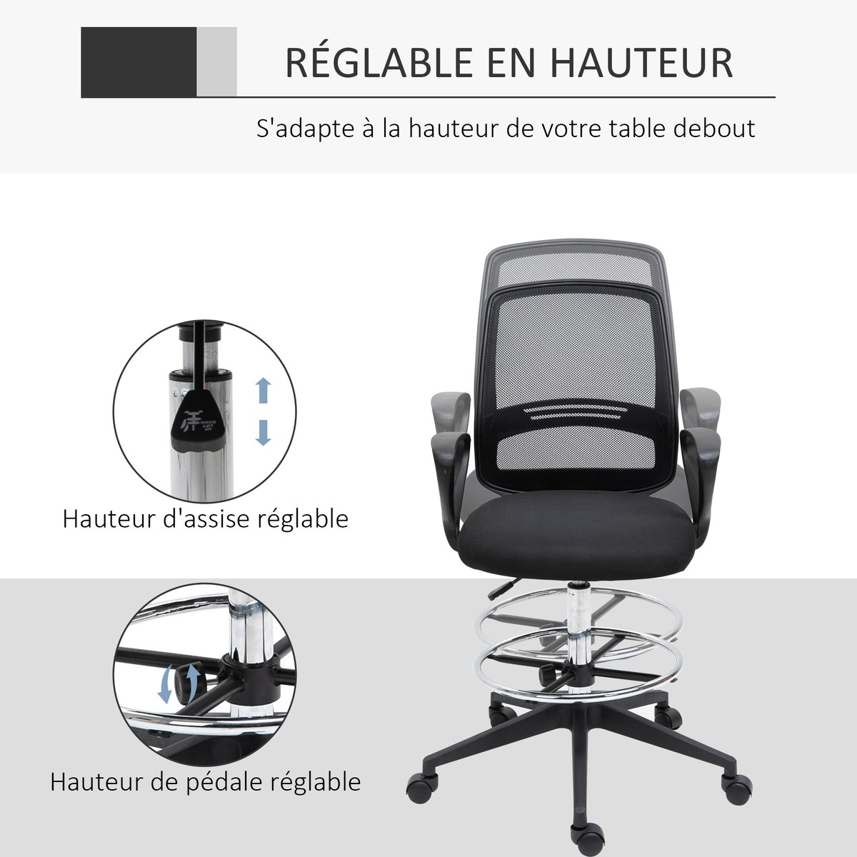 Chaise de bureau pour poste de travail debout noir, HOMCOM