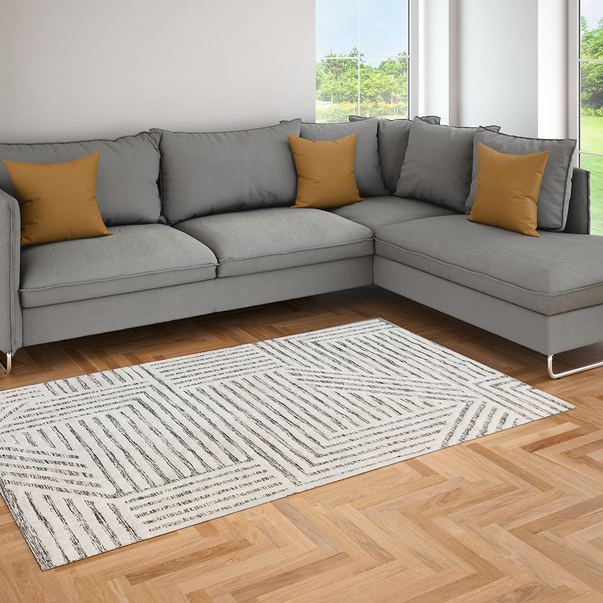 Tapis déco géométrique en coton JIVE noir et blanc, FUTURE HOME