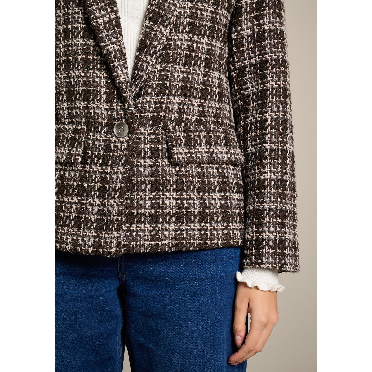 Blazer en tweed boutonné brun fonce chocolate, LOLALIZA