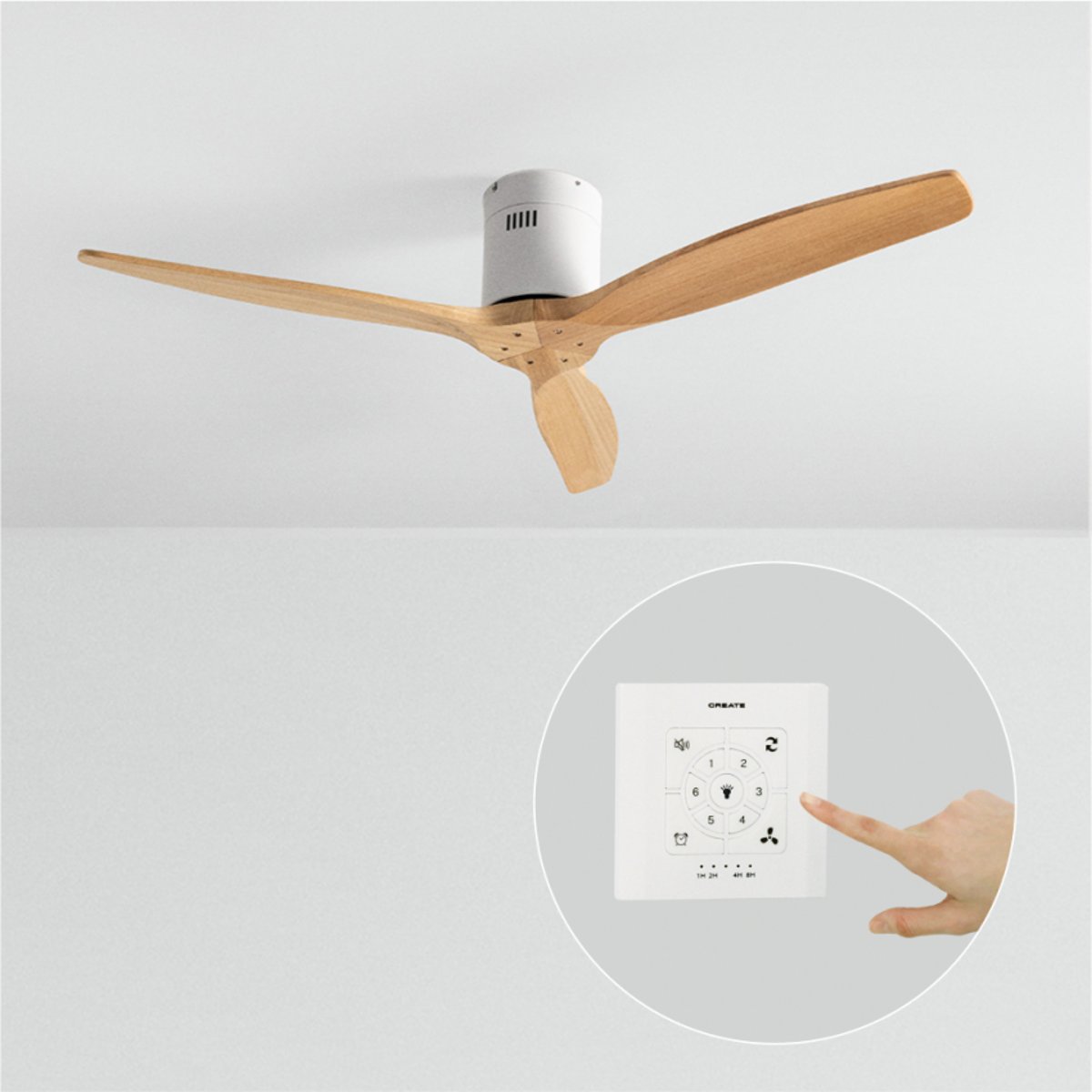 Ventilateur de plafond 40W sans lumière avec contrôleur mural WIND CALM NATURAL WOOD blanc/bois clair, CREATE