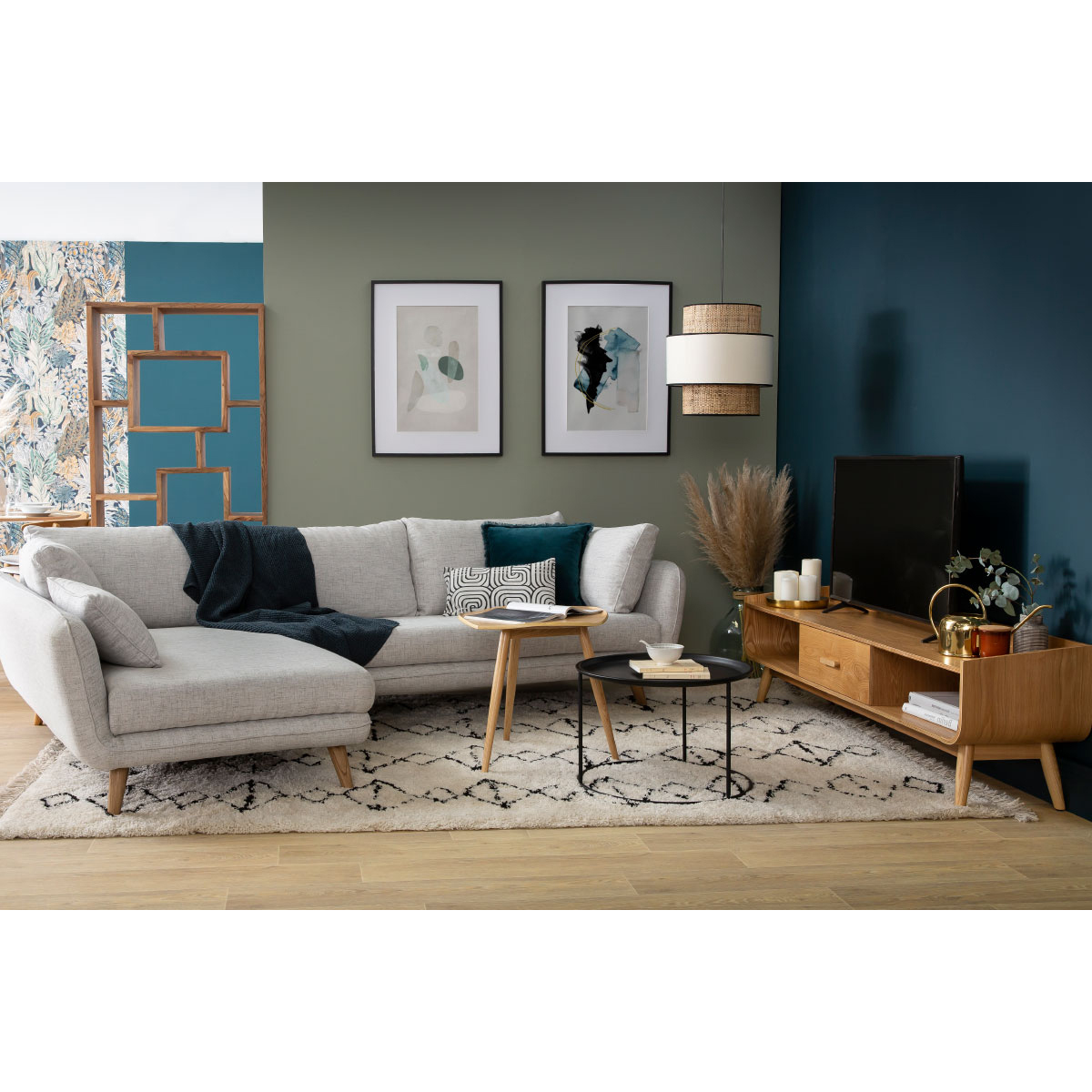 Canapé d'angle gauche scandinave 5 places en tissu gris clair chiné et bois clair CREEP gris clair, MILIBOO