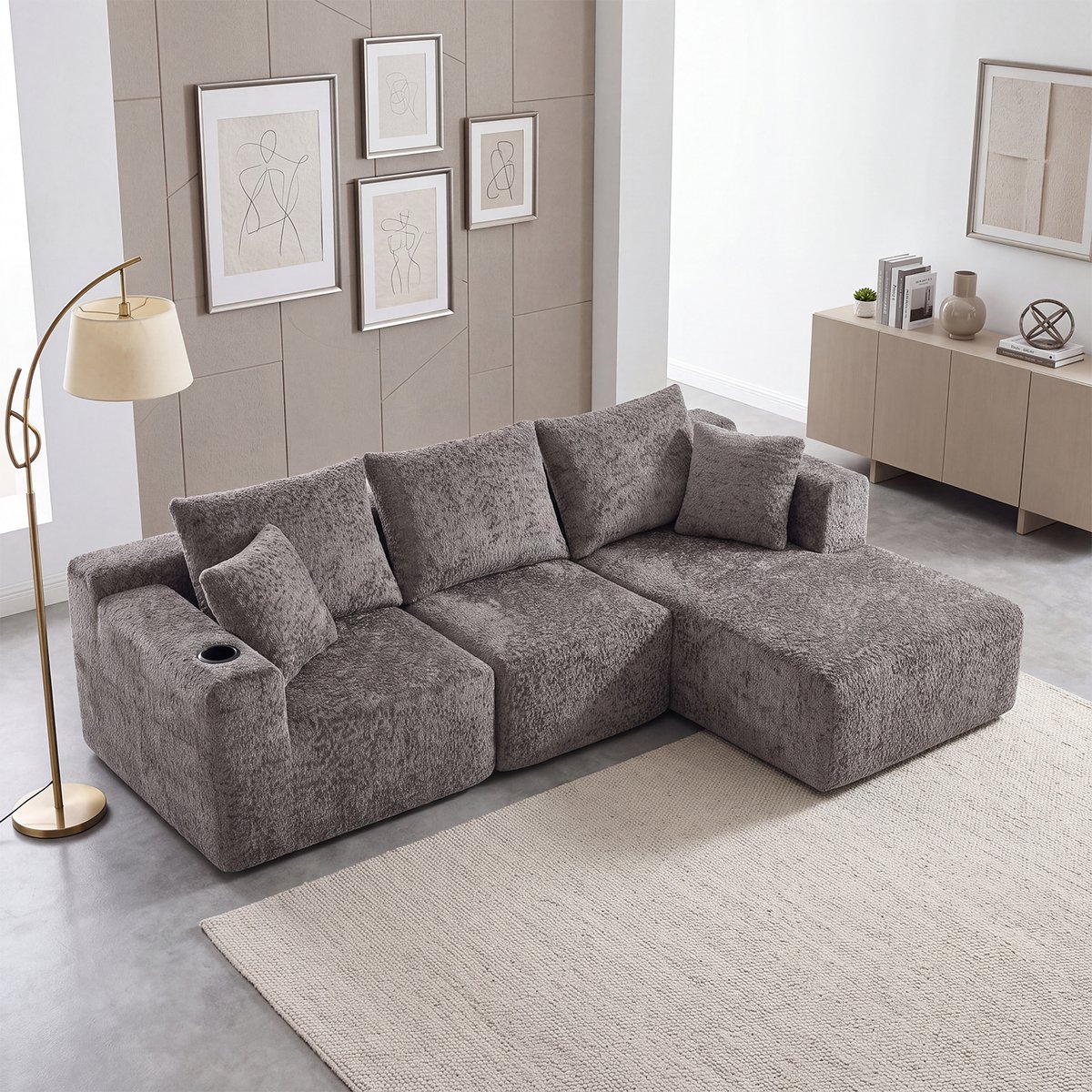 Canapé d'angle compressé 3 places en chenille, LANDIA gris, MEUBLES COSY