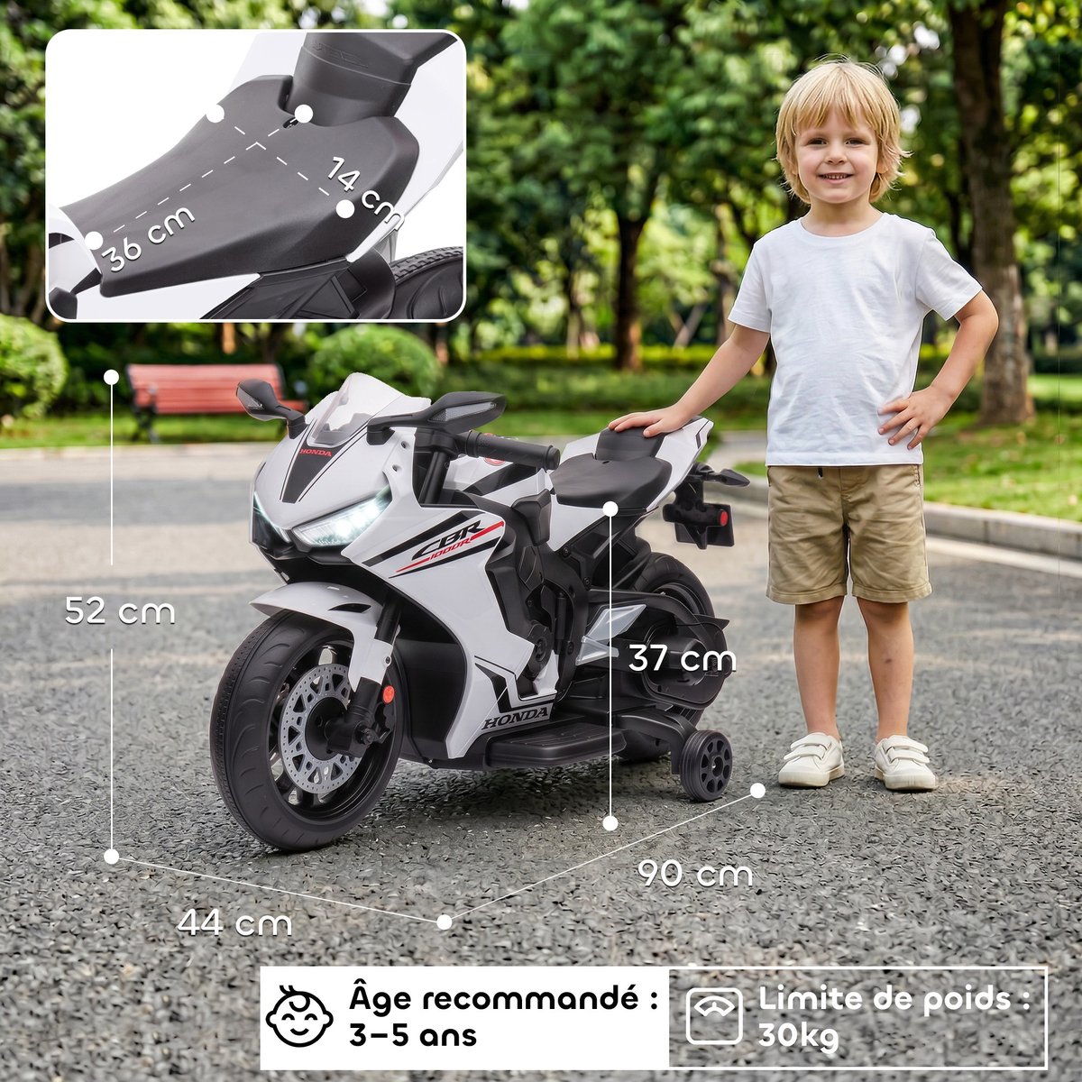 Moto électrique à conducteur assis PP Blanc blanc, HOMCOM