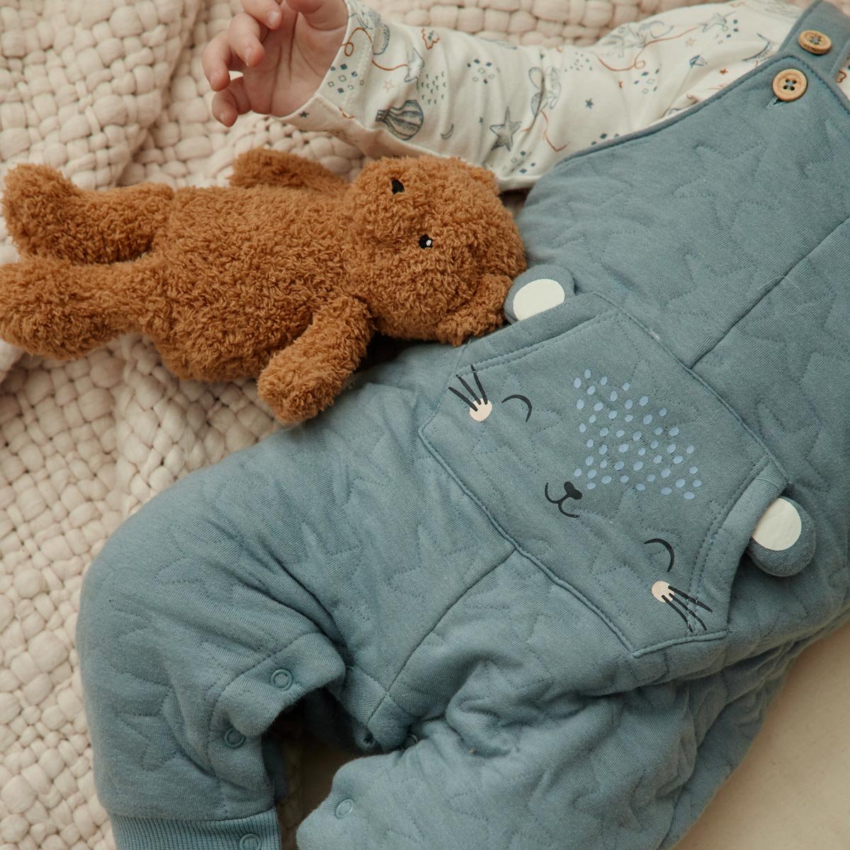 Ensemble salopette bébé en coton matelassé et t-shirt Rêverie bleu, PETIT BEGUIN