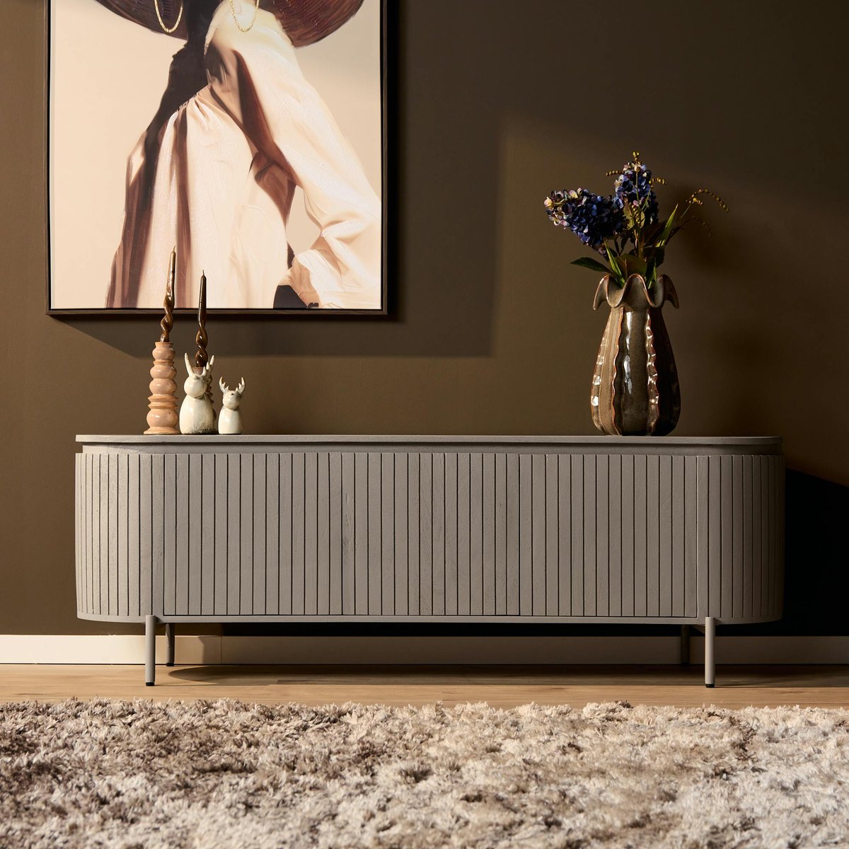 Meuble TV ovale en bois, 3 portes CALERO gris, PIER IMPORT