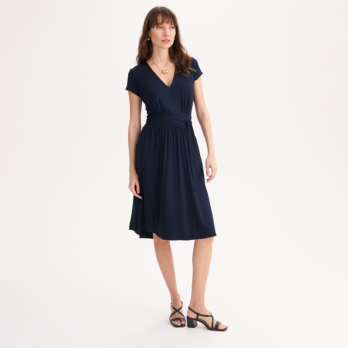 Ausgestelltes, halblanges Strickkleid mit kurzen Ärmeln marine, ANNE WEYBURN
