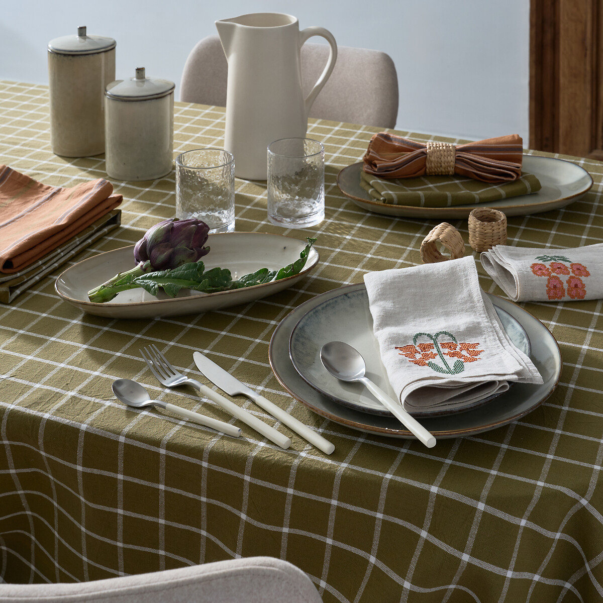 Nappe coton tissé teint à carreaux, Hortense vert olive, LA REDOUTE INTERIEURS