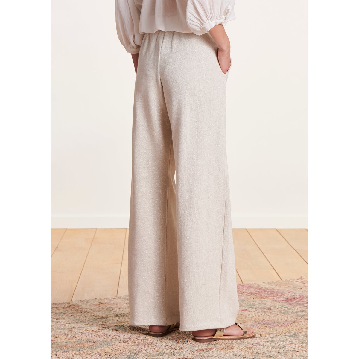 Pantalon large en maille à taille élastiquée ecru, LA FEE MARABOUTEE