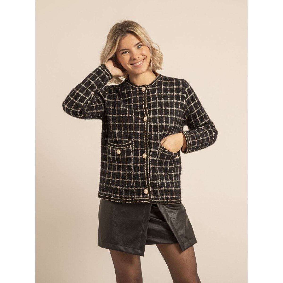 Veste En Maille Carreaux Urvina noir, DONA LISA