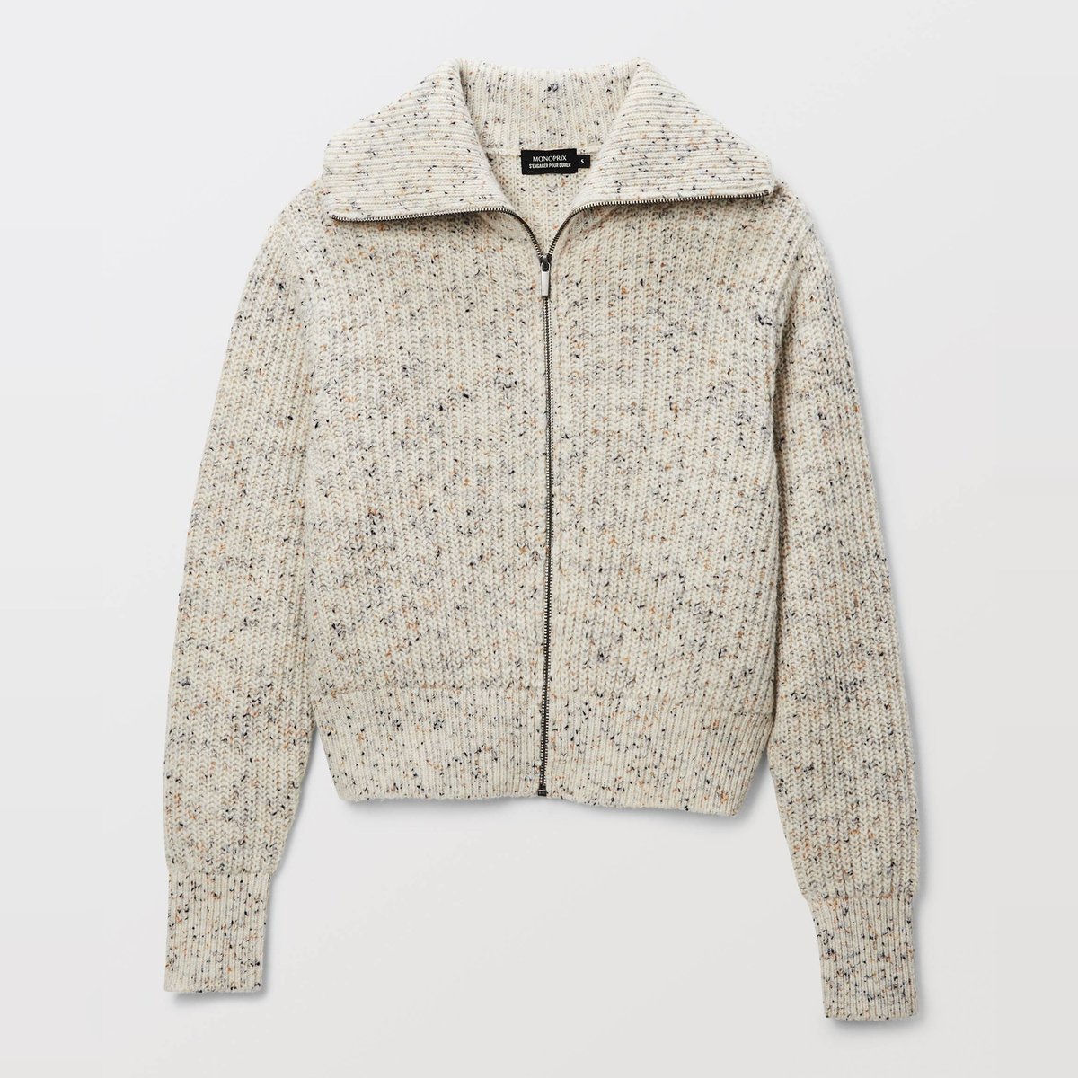 Cardigan zippé en maille côtelée contenant de la laine merinos ecru, MONOPRIX