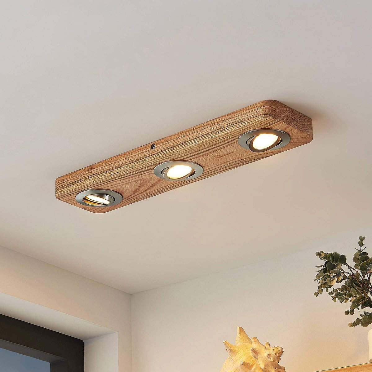 Plafonnier en bois moderneLED, Mikari bois clair, nickel satiné, LINDBY