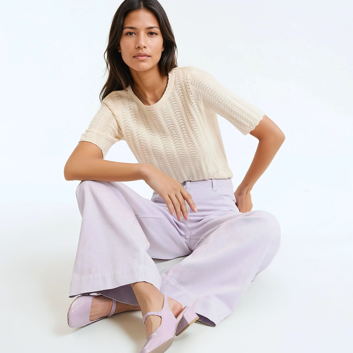 Pull col rond manches courtes en maille pointelle ivoire, LA REDOUTE COLLECTIONS