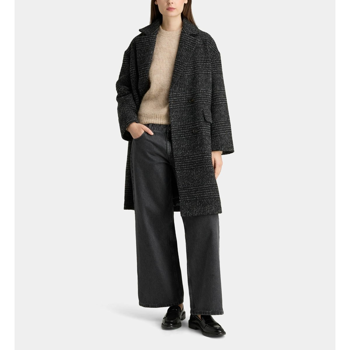 Manteau bedford new ample mi-long en laine recyclée gris et noir, GALERIES LAFAYETTE