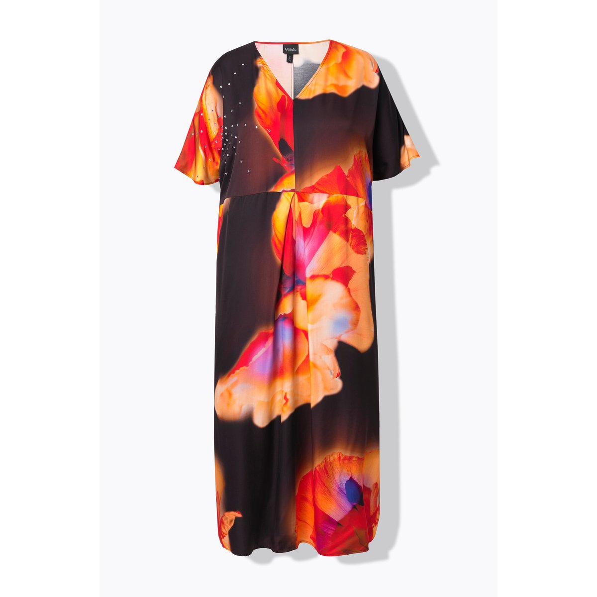 Caftan en satin. Motif fleurs et strass. noir, ULLA POPKEN