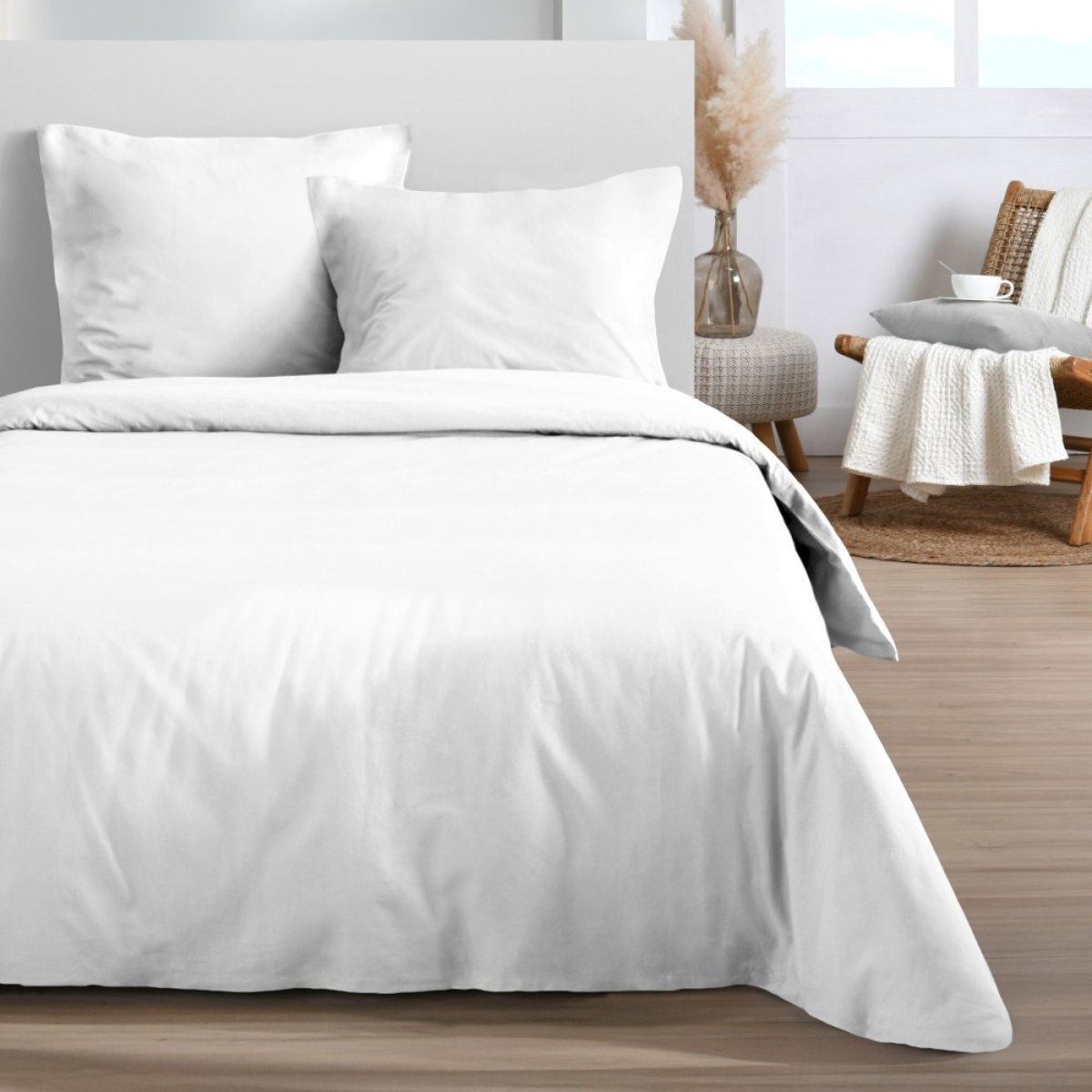 Housse de couette 240x220 blanche + 2 taies 100% microfibre blanc, DECORATIE