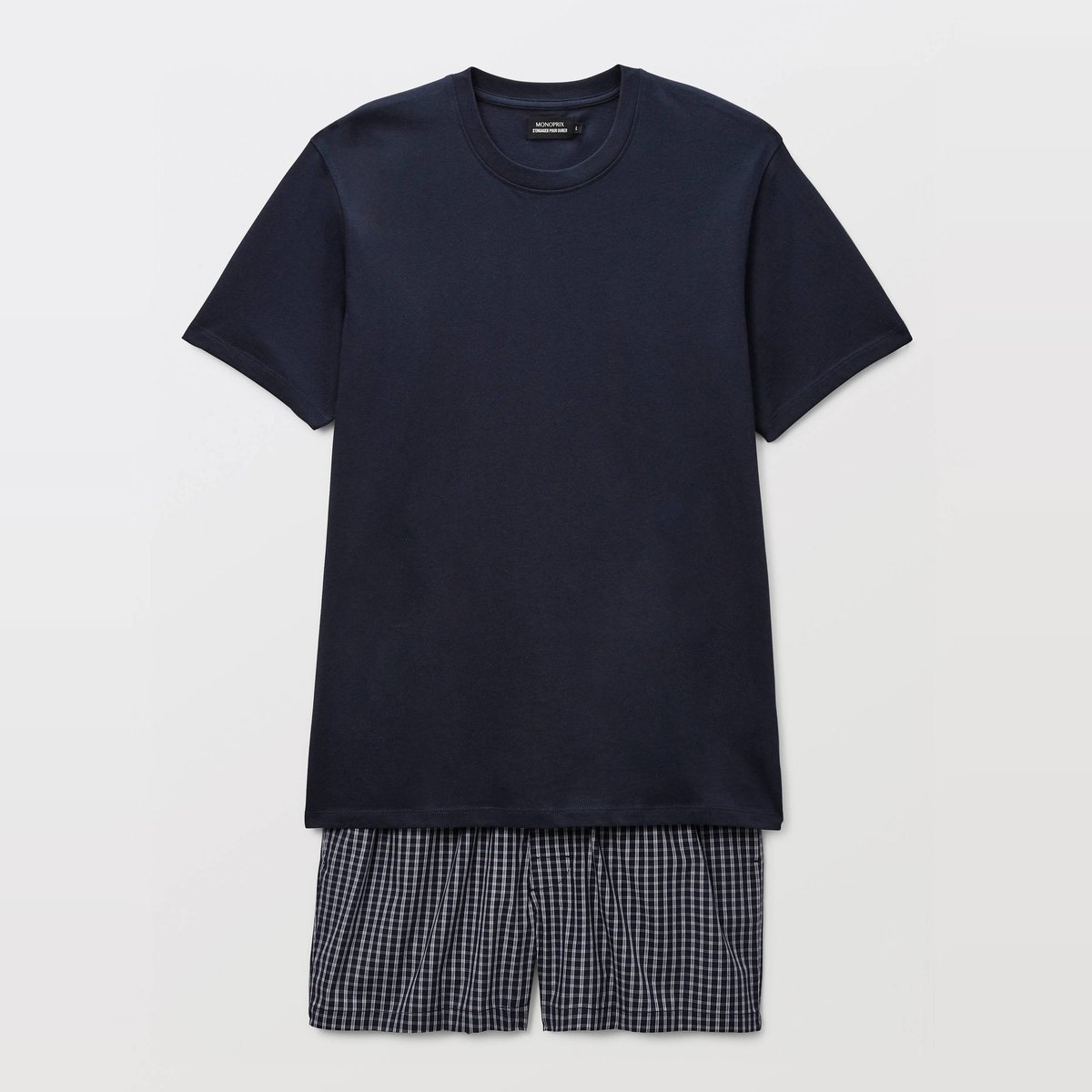 Pyjama t-shirt manches courtes et rayé carreaux en coton marine, MONOPRIX