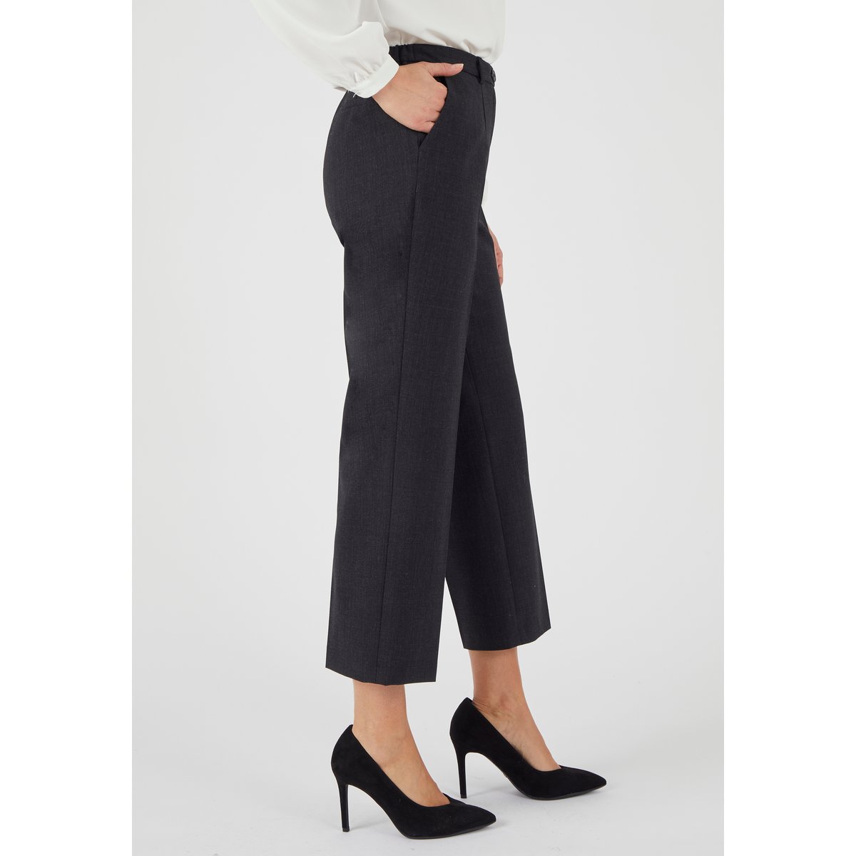 Pantalon large mélange laine bi-stretch gris anthracite chiné, DAMART