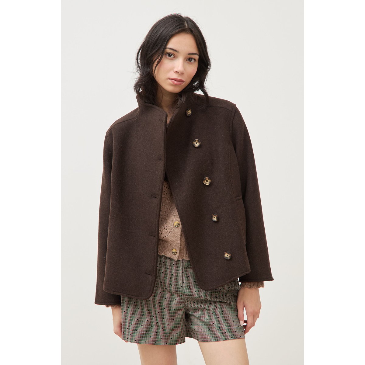 Veste oversize courte col tailleur marron foncé, BONOBO