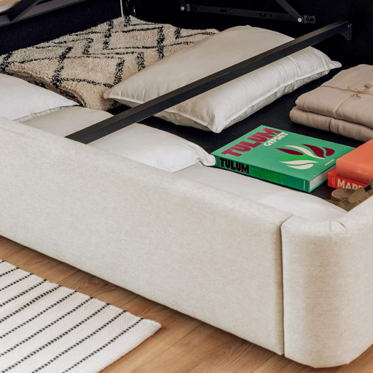 Lit Coffre tissu beige beige, SLOME