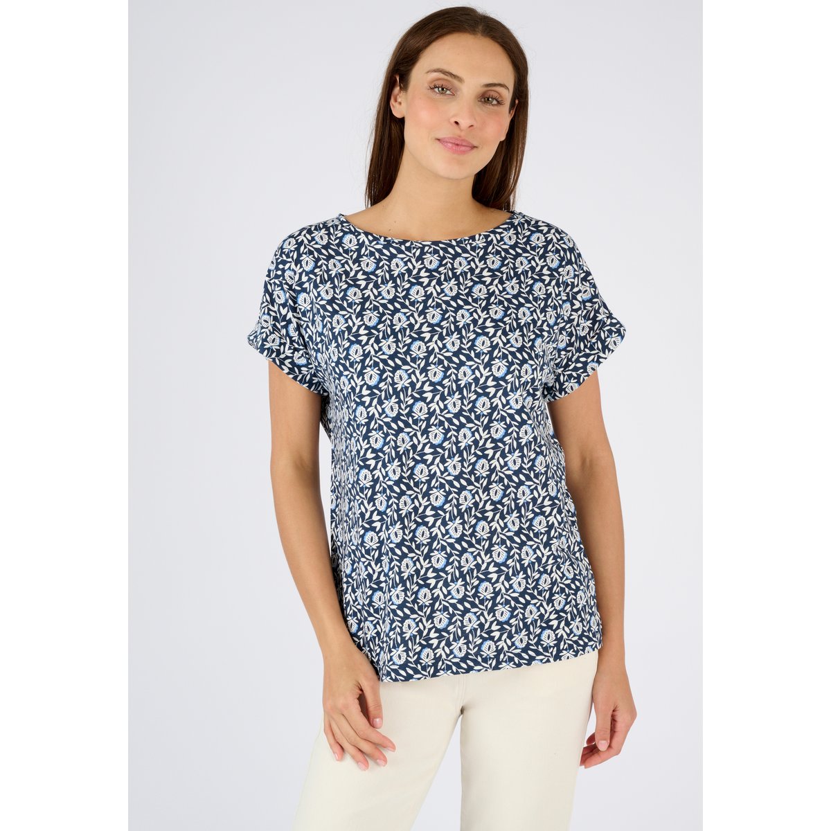 T-shirt flammé imprimé végétal bleu marine feuillage, DAMART