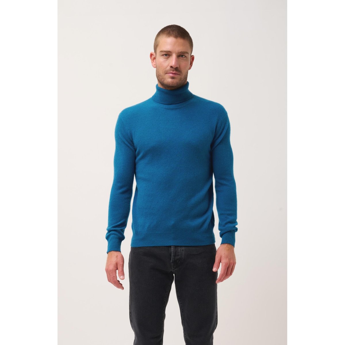 Pull Col Roulé Paon Connor bleu vert, JUST CASHMERE